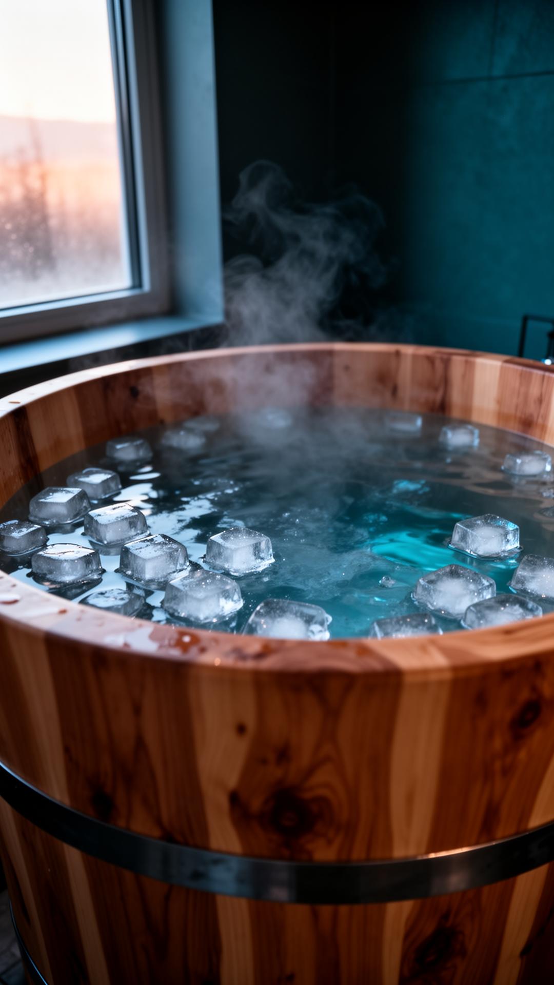 Cedar cold plunge tub with ice