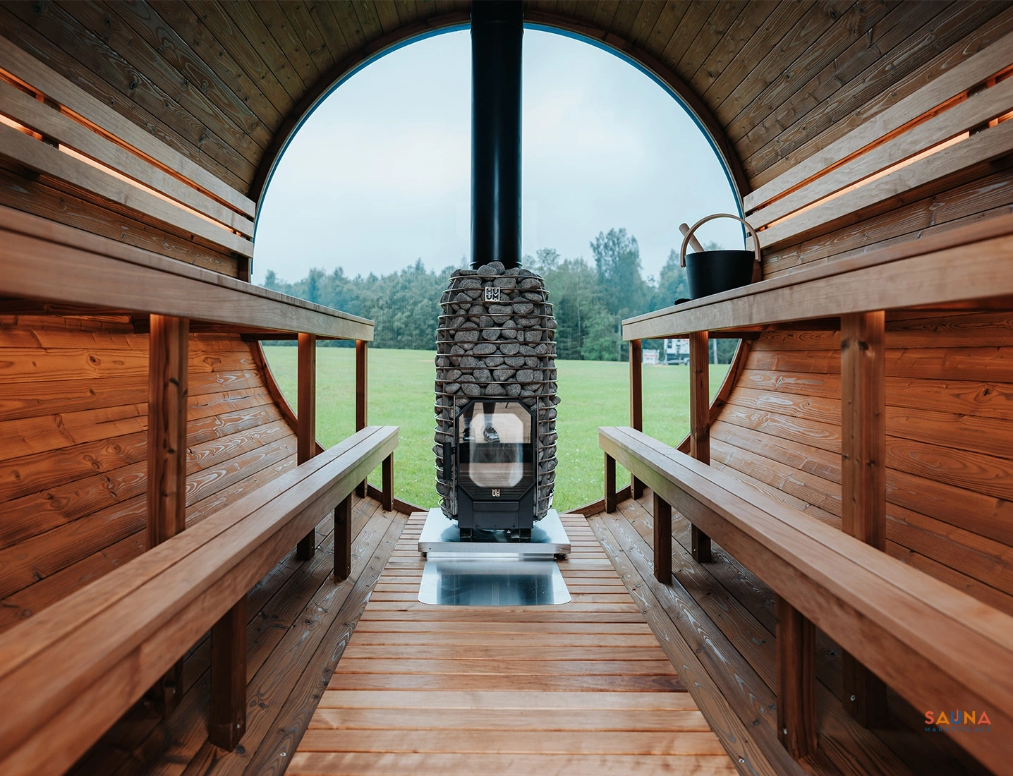 Cedar sauna interior at golden hour