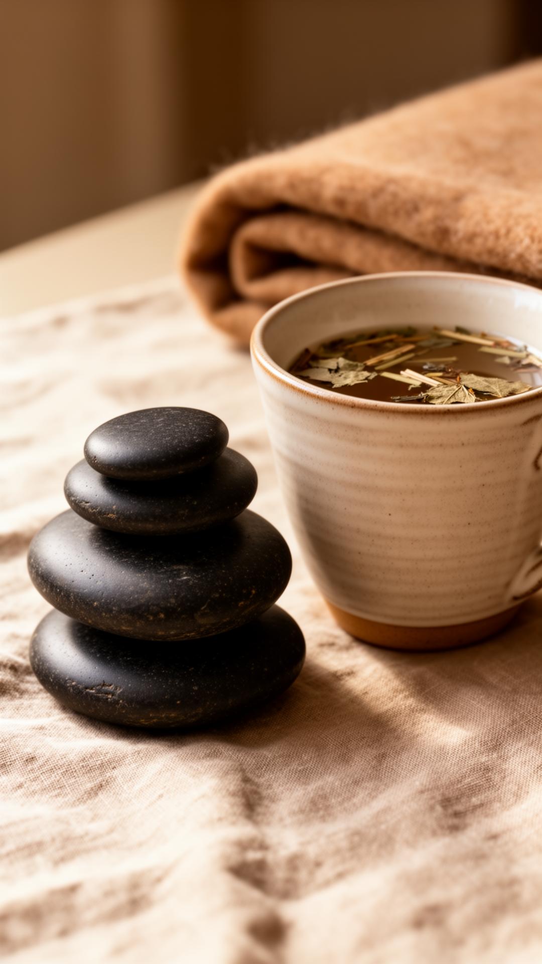 Stacked stones beside a cup of herbal tea and a folded blanket