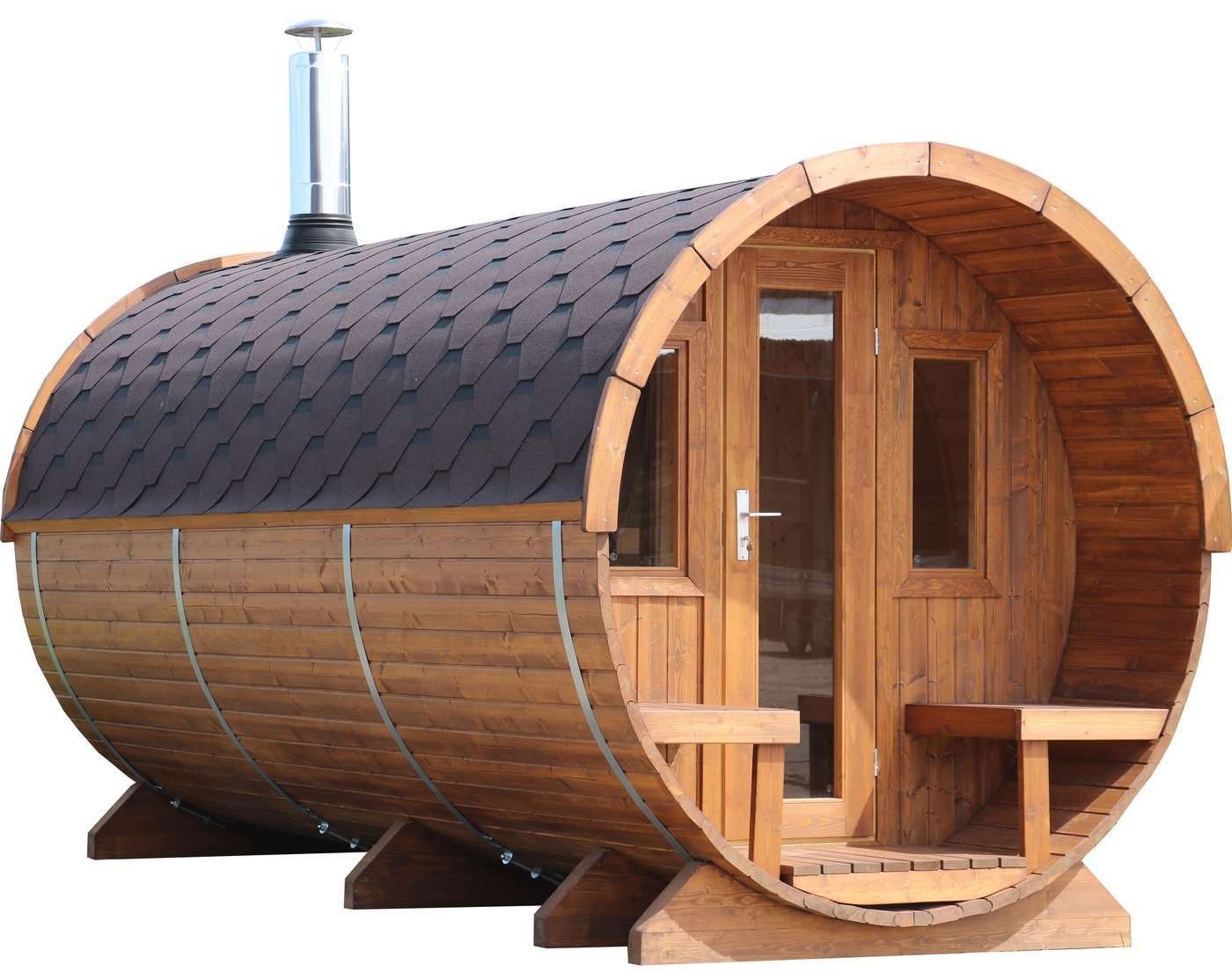 Exterior of the hand-built barrel sauna with a shingled crown