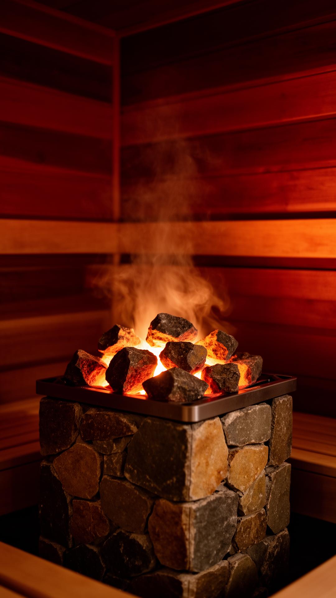 Glowing sauna stones on a stone heater
